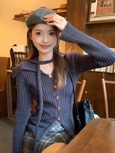 甜辣妹大翻领长袖针织开衫女春秋冬不规则修身内搭打底衫短款上衣