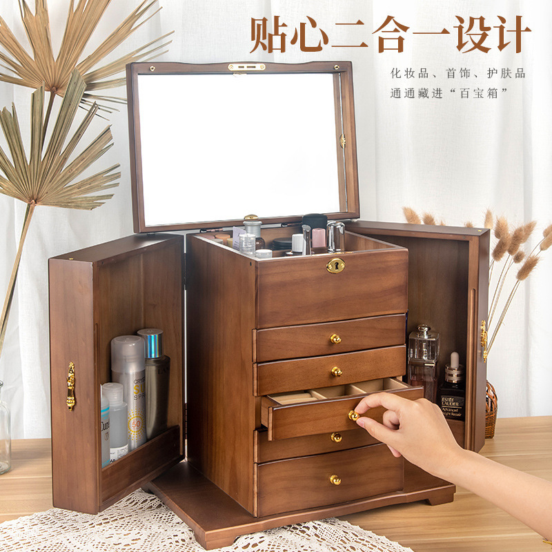 大容量の木造のアクセサリーの箱ヨーロッパ式の木製の高級な宝石箱のアクセサリーの化粧品の多層の収納箱のプレゼント|undefined