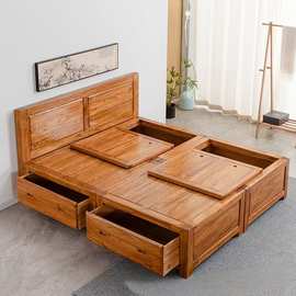老榆木床榻榻米无床头双人抽屉离地高箱储物箱体榫卯结构全实木床
