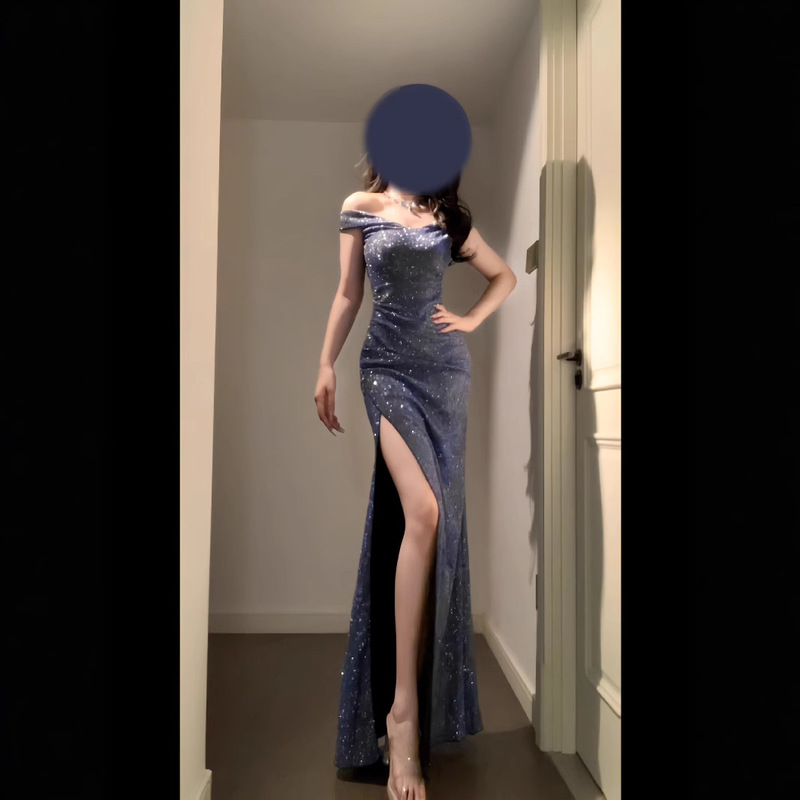 Blue Glittering and Noble Feeling Show Birthday Banquet Adult Ceremony Fishtail Split Long Dress Female Summer Elegant dress