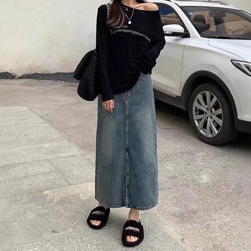 Split medium and long summer front  retro spring and summer cowboy women's new slimming A-line skirt high waist