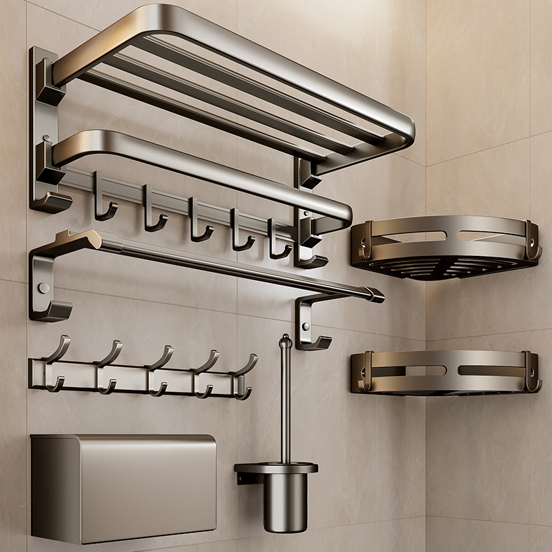 Gun Gray Towel Rack,No Punching,Bathroom Towel Rack,Wall-mounted Bathroom Storage Rack,Space Aluminum Hardware Pendant