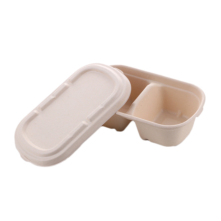 Caja de comida ligera, caja de empaque de picnic de ensalada, lonchera de pulpa de papel desechable, caja de doble rejilla para llevar degradable, cuando se puede calentar
