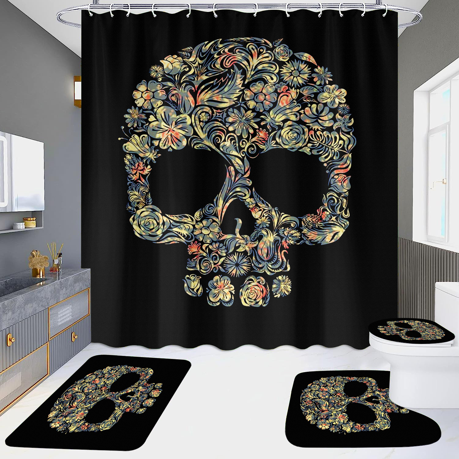 Cortina de ducha de suministro directo transfronterizo conjunto de cuatro piezas hd impermeable sin perforaciones baño hotel baño partición cortina wansheng cráneo