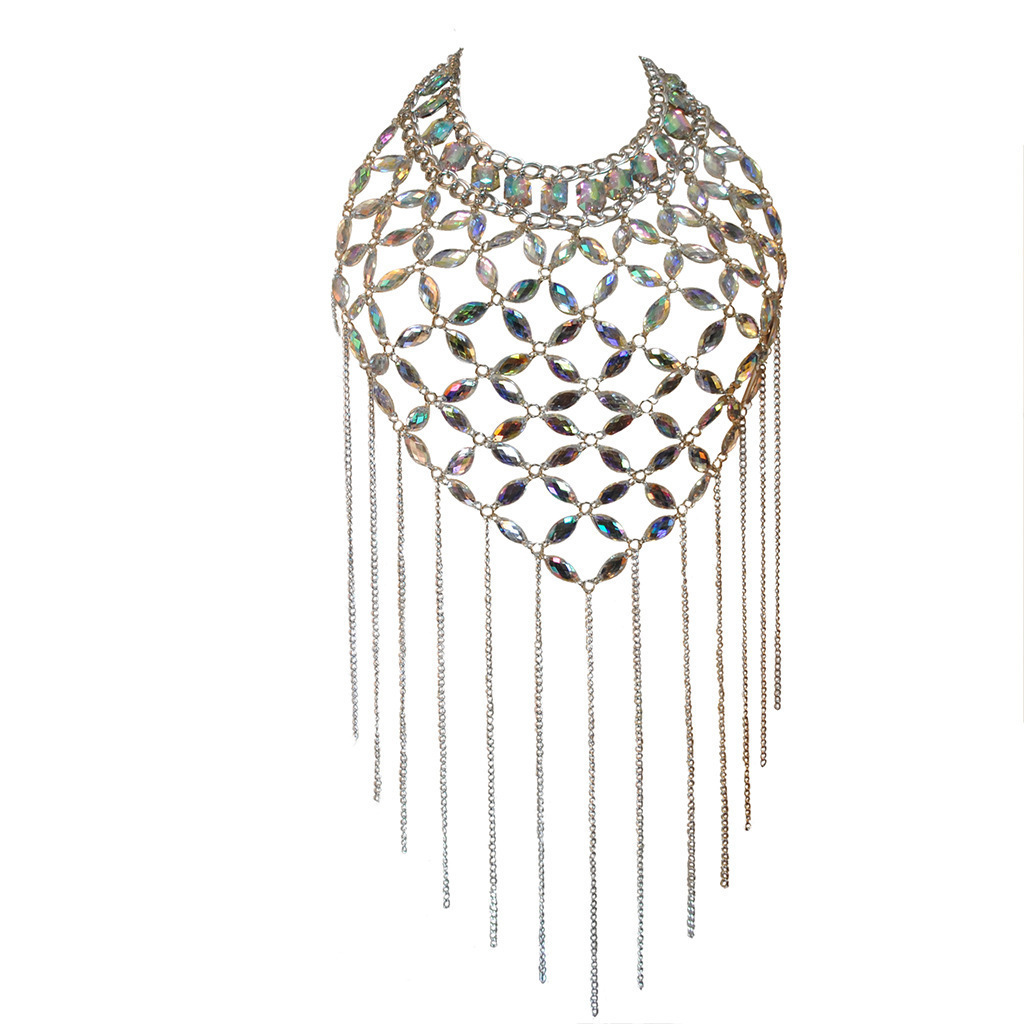 Joyas transfronterizas sexy cadena de cuerpo hueco mujer cadena de pecho europea y americana gota de agua bikini de piedras preciosas de colores adornos de pecho acrílico