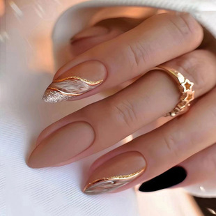 Mid-length almond nail New Brown Lake blooming lines autumn and winter elegant white European and American ins wear nail