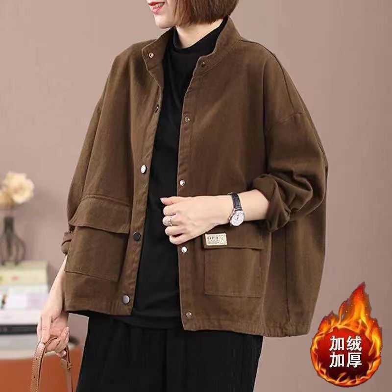 Pure Cotton Velvet Thickeneded Work Jacket Women's Autumn and Winter Large Size Loose Short Cardigan Casual Stand Collar Jacket Baseball Uniform