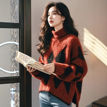 红色菱格高领内搭针织毛衣女2025新款春季新款设计感chic韩系上衣