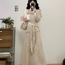 高级感绑带立体花朵针织毛衣半身裙两件套女秋冬大码气质显瘦套装