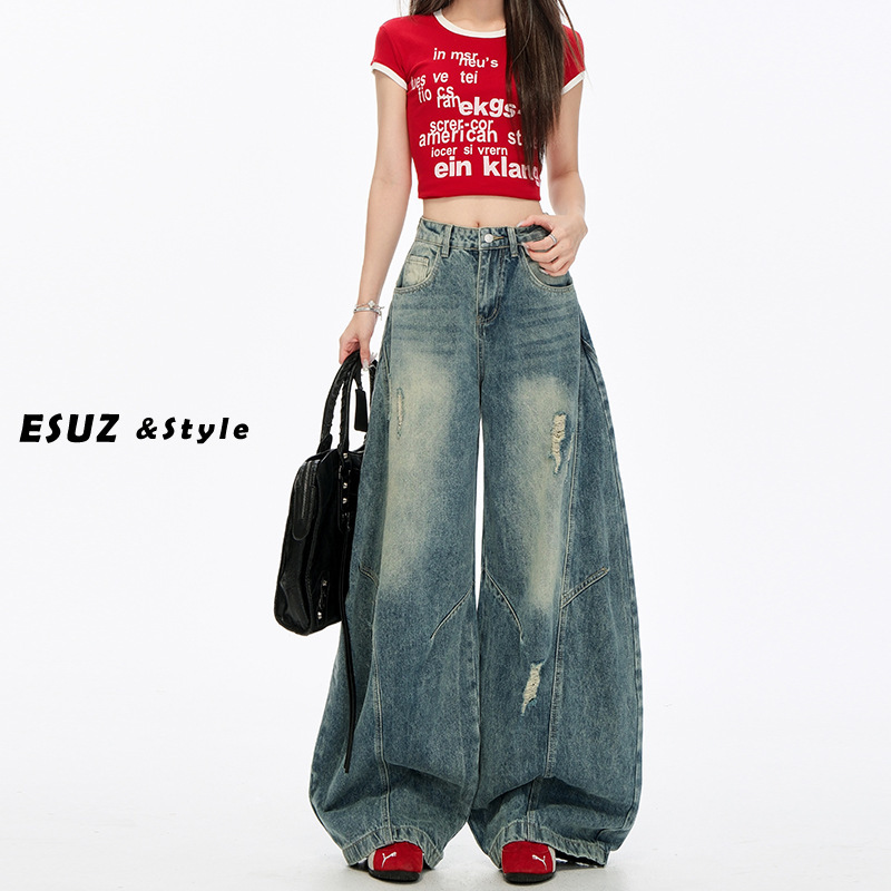 American-Style Ripped Scimitar Jeans for Women, Autumn and Winter New High-Waisted Design, Washed Silhouette, Loose Wide-Leg Floor-Length Pants American-Style Ripped Scimitar Jeans for Women, Autumn and Winter New High-Waisted Design, Washed Silhouette, Loose Wide-Leg Floor-Length Pants