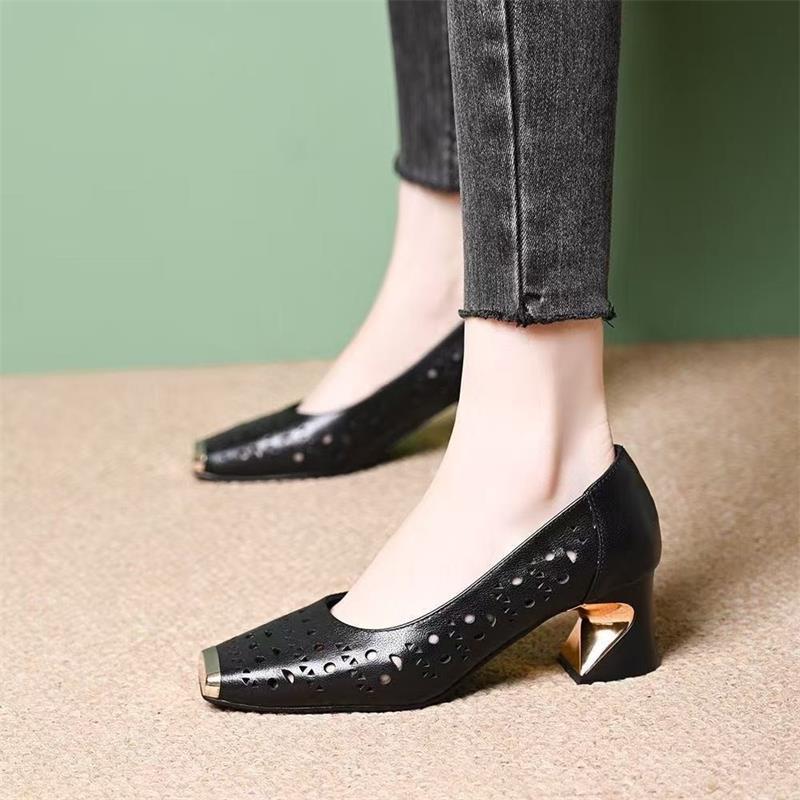 2026 nueva primavera y verano hueco de cuero suave zapatos de tacones de cuero suave zapatos de cuero cuadrado no cansados zapatos de tacones altos