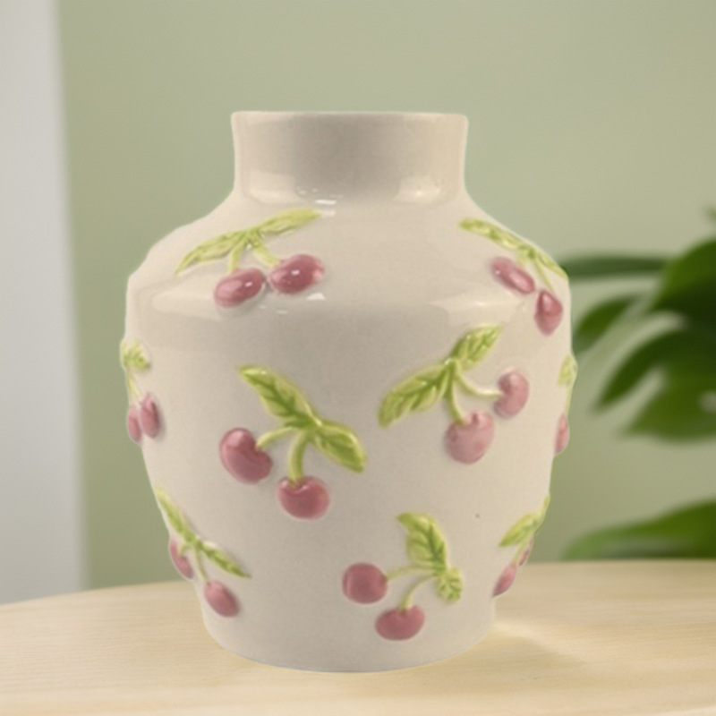 Florero en relieve de cereza personalizado, adornos de cerámica, arreglos florales en la sala de estar, lujo ligero, flores hidropónicas de alta gama, pintura creativa