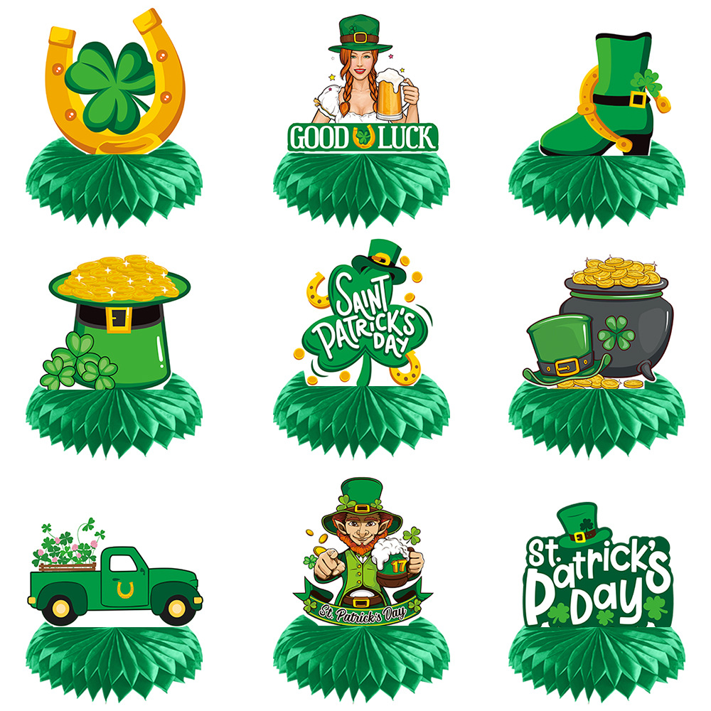 Nuevo día de San Patricio decoración de escritorio fiesta irlandesa trébol oro moneda panal Decoración