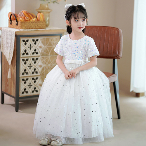 Girls summer long short-sleeved mesh tutu skirt evening dress sequined sweet host show singing competition long skirt