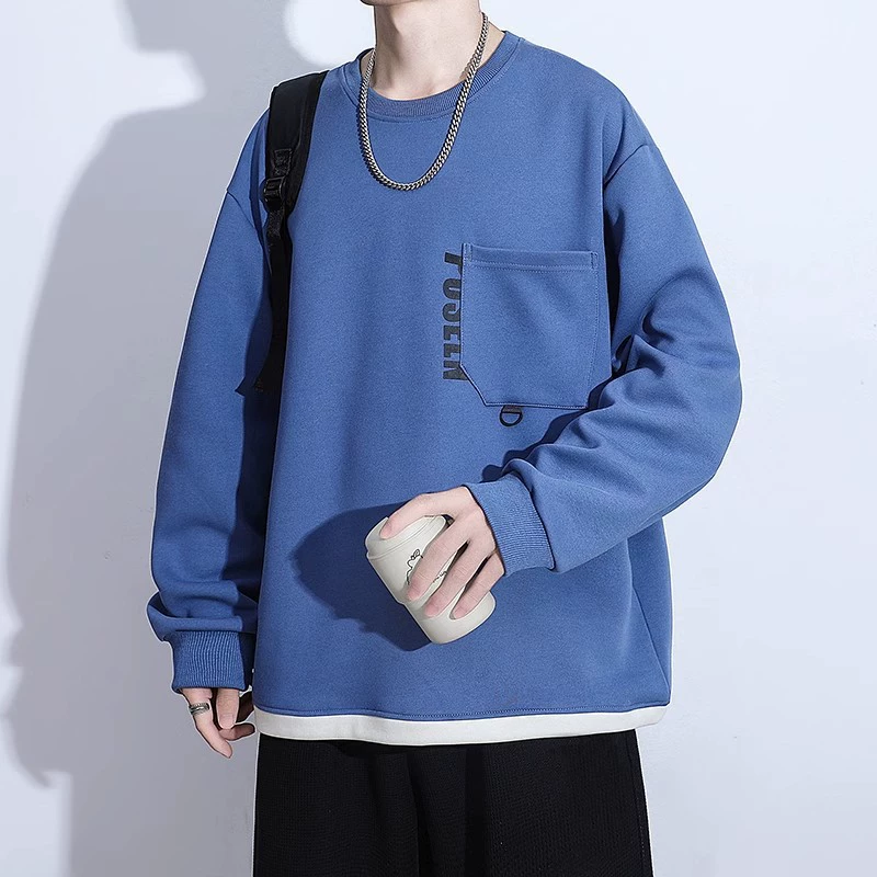 Весенний и осенний трендовый карман сшить поддельные две части свитера мужской прилив красивый толстый толстяк плюс большой размер свободная нижняя рубашка