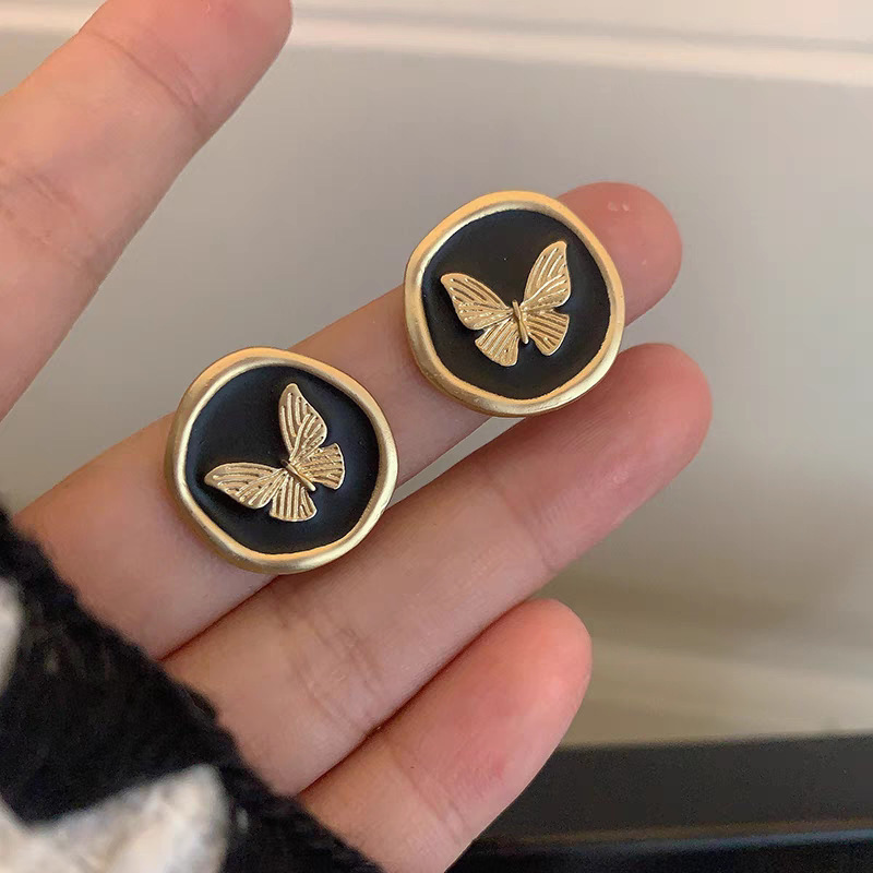 45 # Retro gold edge butterfly geometric round earrings