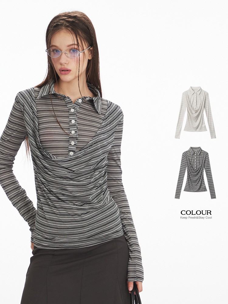 HeyHenry フェイクツーピース スリムフィット 長袖 Tシャツ ポロシャツ イレギュラーストライプ インナー フロントショルダートップ レディース