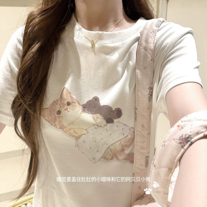 Korean-Style Cute Kitten Print Casual Pure Cotton Short-Sleeved T-Shirt for Women 2026 Summer New High-End Slim Fit Top Korean-Style Cute Kitten Print Casual Pure Cotton Short-Sleeved T-Shirt for Women 2026 Summer New High-End Slim Fit Top