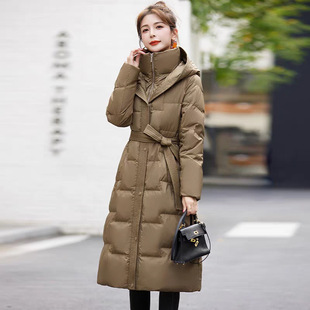 Women's Winter Long White Duck down Jacket with a Cinched Waist, Fashionable Over-The-Knee Hooded Slim-Fit White Duck down Coat