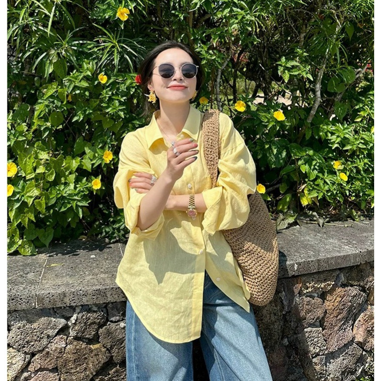 Jin Suyi Yellow 100% Linen Shirt for Women 2026 Spring/Summer Korean Style Versatile Thin Sun Protection Shirt Chic Top