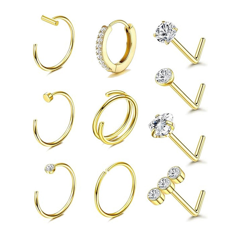 Cross-Border E-commerce Stainless Steel Zircon L Stud Personality R Straight Curved Rod Nose Septum Combination_voghion.com