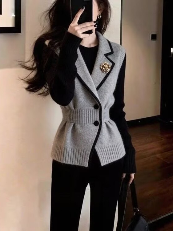 Áo gile len nữ phong cách Pháp dệt kim màu xám ôm eo — màu xám