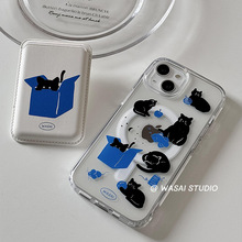 WASAI哇噻 韩国ins小众设计个性黑猫插画磁吸卡包皮革适用iphone1