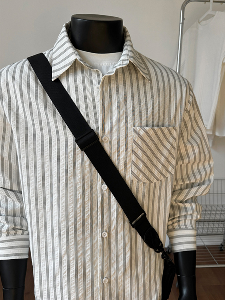 Camicia americana retro a righe grigie e bianche da uomo_voghion.com