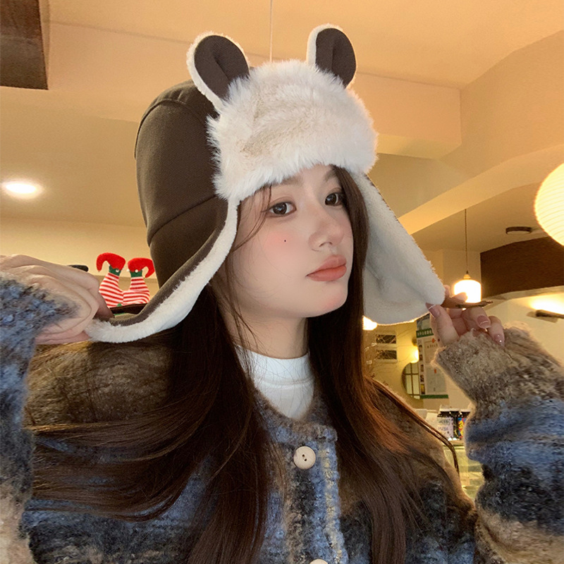 Japón lindos osos gorro de orejas gorro de invierno mujer calentamiento grueso gorro de rayo de vello para montar gorra de algodón de esquí a prueba de viento