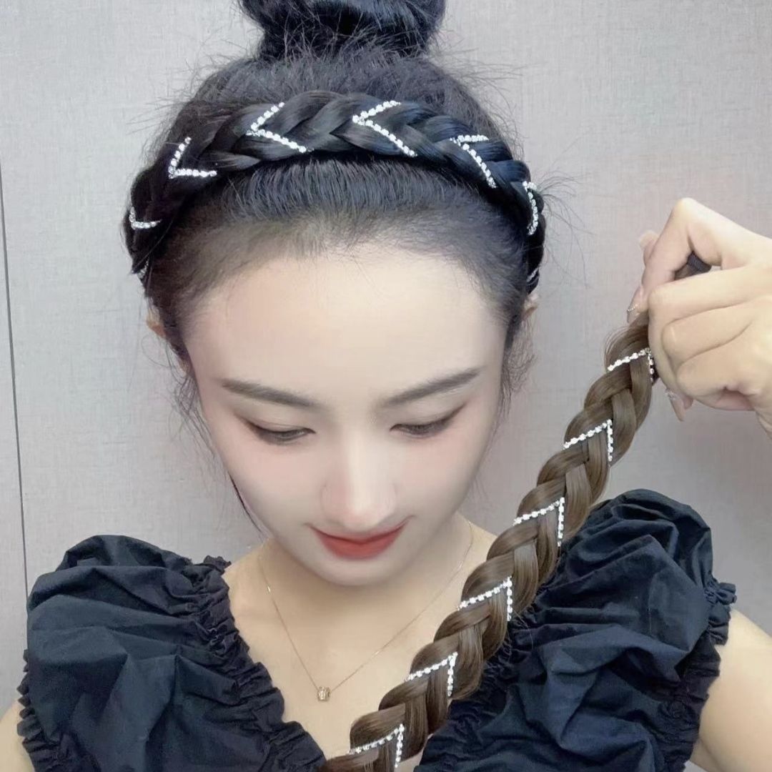 Rhinestone Fishbone trenza peluca diadema de las mujeres nuevo giro trenza pelo banda alta presión superior del cráneo clip de pelo diadema tocado