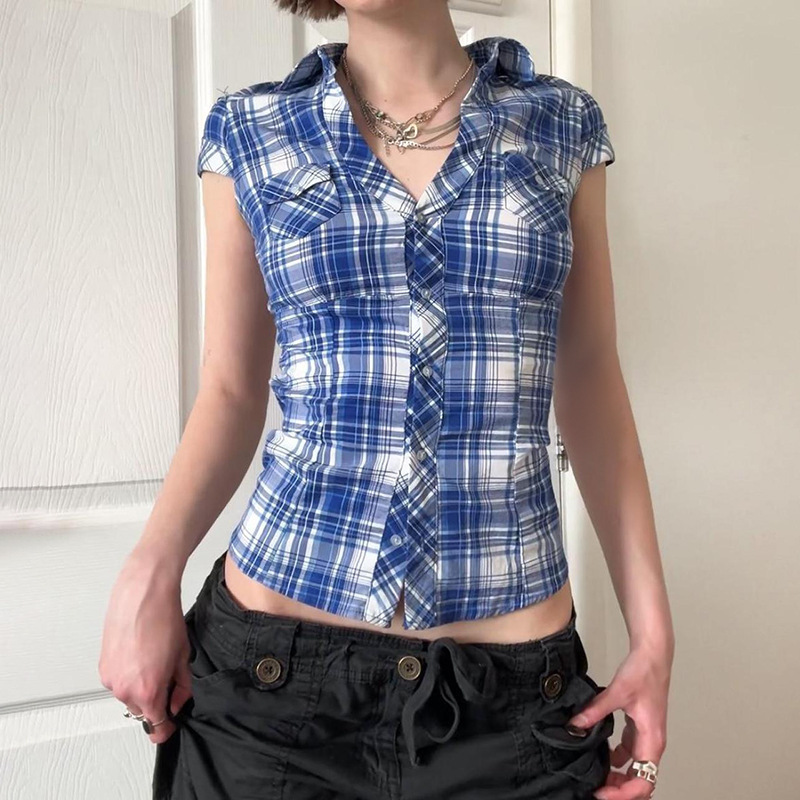 C2095Tp European and American Cross-Border Retro Blue and White Lapel-Breasted Plaid Short-Sleeved Shirt American Waist Short Top