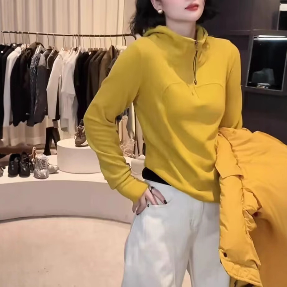 Cotton Half-Zip Hooded Sweatshirt for Women, Suitable for Spring and Autumn, Inner Layer, Trendy Commuter Style, Casual and Versatile