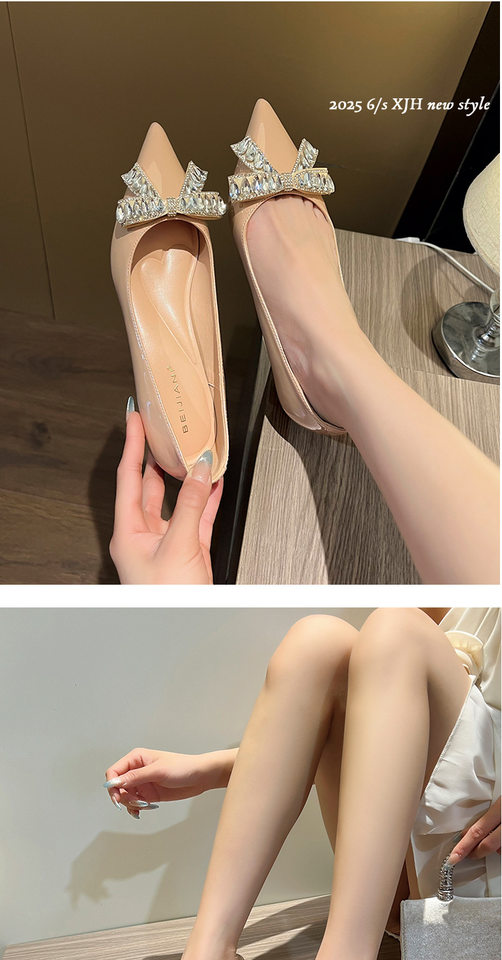 Giày cao gót nữ mũi nhọn gót xuồng đính đá nơ, đế độn cao bên trong 3 cm — Màu mơ, Màu trắng be, Màu đen chi tiết 9