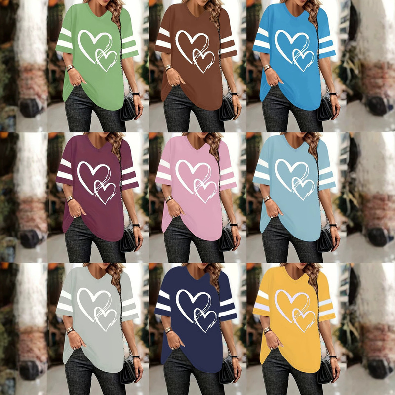 European and American Cross-Border V-Neck Top with Double Heart Print, Color-Blocked Striped Sleeves, Drop Shoulder, Loose Fit, Plus Size Casual T-Shirt for Women European and American Cross-Border V-Neck Top with Double Heart Print, Color-Blocked Striped Sleeves, Drop Shoulder, Loose Fit, Plus Size Casual T-Shirt for Women
