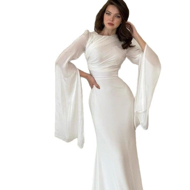 2025 New European And American Cro-Border Trade Women's Clothing Patchwork Chiffon Flared Sleeve Long Elegant Slim_ecoleips.com