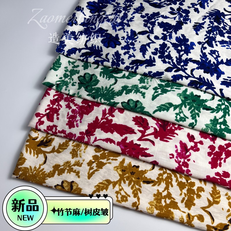 Nuevo monofilamento de bambú corteza de árbol tela de impresión arrugada estilo nacional camisa vestido ropa de casa tela de algodón transpirable