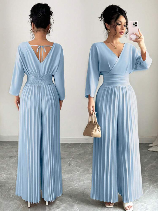 2026 nuevo estilo de viaje europeo y americano elegante color sólido cuello en V manga larga cintura doblada plátanos de pierna pantalones de mujer