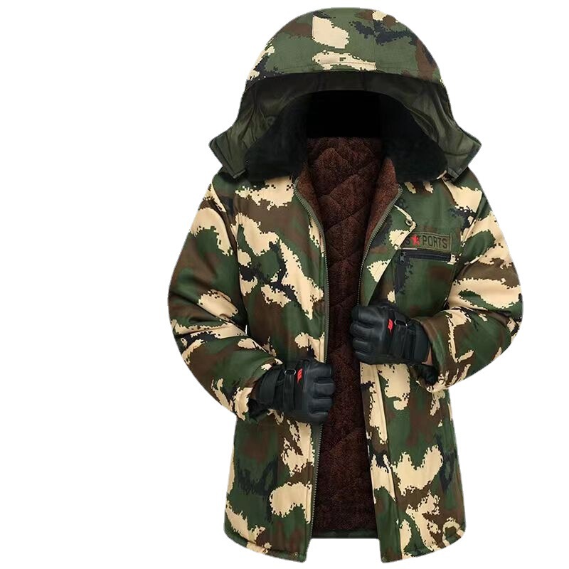 Winter labor protection clothing camouflage fleece-lined thickened cotton-padded clothes three-layer warm three-bucket zipper work clothes stall