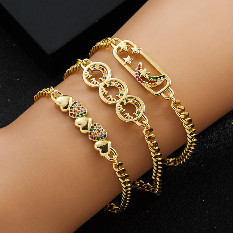 Pulsera De Cara Sonriente De Corazón De Luna Y Estrella De Circón De Oro Real Chapado En Cobre De Moda display picture 2