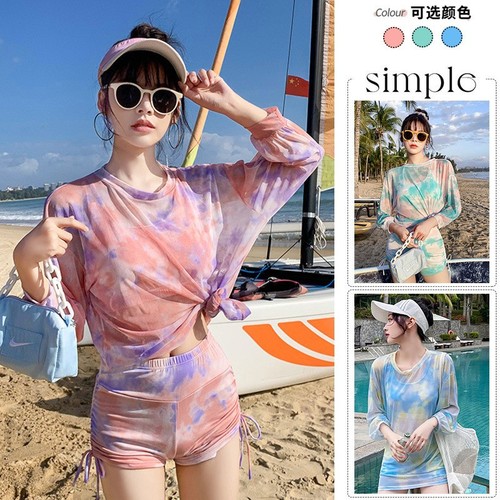 Cross-border swimsuit set for women (3 pieces), conservative flat-bottomed, Korean-inspired, suitable for plus-size, flesh-hiding, split-length, long-sleeve swimsuit for export.