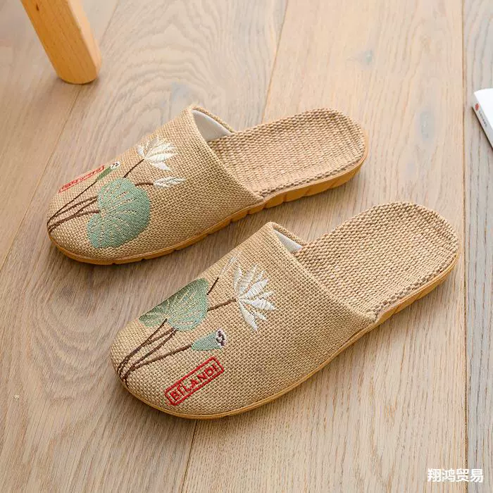 Новые холодные тапочки льняная вышивка национального ветра высокого класса прохладный пот, плоское дно, нескользкие домашние пары мужчин и женщин