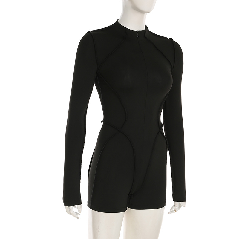 Women Clothing Spring Autumn Long Sleeve Reverse Car Split Zipped round Neck Casual Sports Jumpsuit Shorts