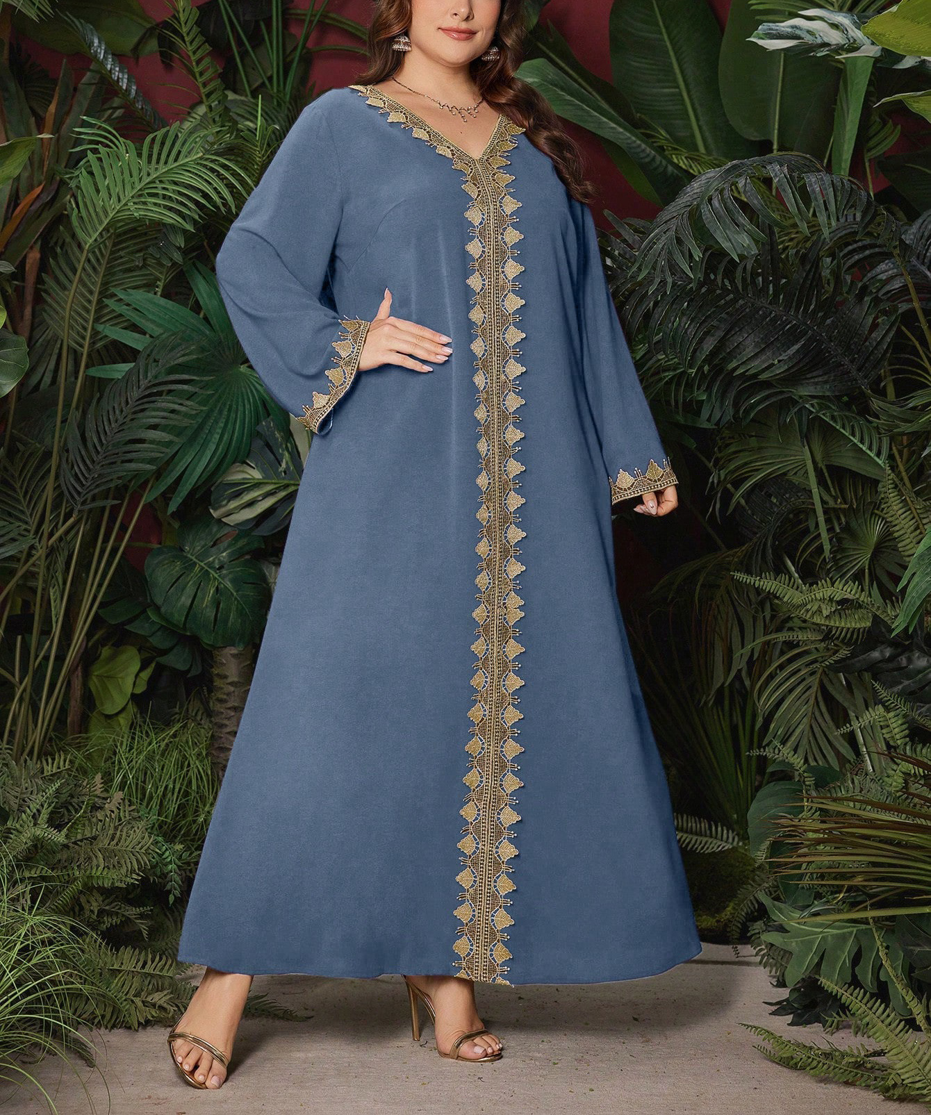Ethno-Stil Damenkleid mit Stickerei, V-Ausschnitt, langen Ärmeln, lockerem Maxirock, Übergröße, exotische Herbstmode_voghion.com
