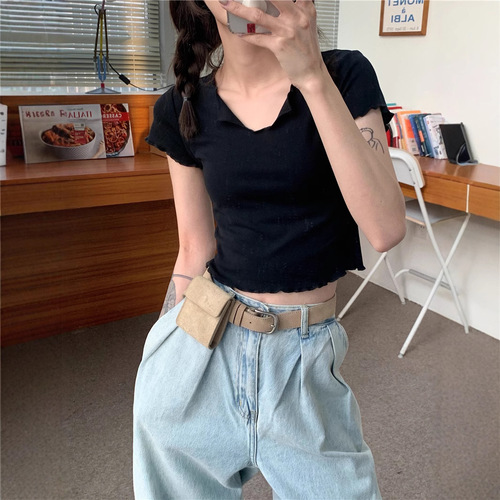 Green Fitted Lock Bone T-Shirt for Women V-Neck Short Sleeve 2025 Summer Short Length Bare Belly Hot Girl Upper Clothing for Women Trendy Hot Girl Style