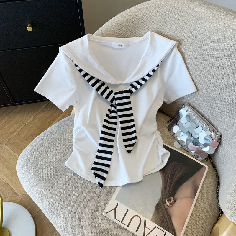 Real Shot of Summer New Women's T-Shirt Preppy Style Stripesd Ribbon Navy Collar Short Sleeves Slim Fit Real Shot of Summer New Women's T-Shirt Preppy Style Stripesd Ribbon Navy Collar Short Sleeves Slim Fit