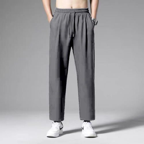 Summer Ice Silk Thin Workout Straight Casual Pants for Men Pure Color Loose Elastic Work Long Pants