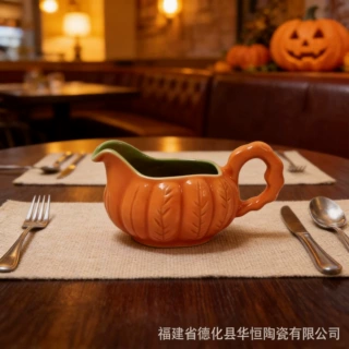 跨境热销陶瓷斗汁壶定制万圣节惊喜南瓜酱汁壶牛排黑胡椒酱料壶