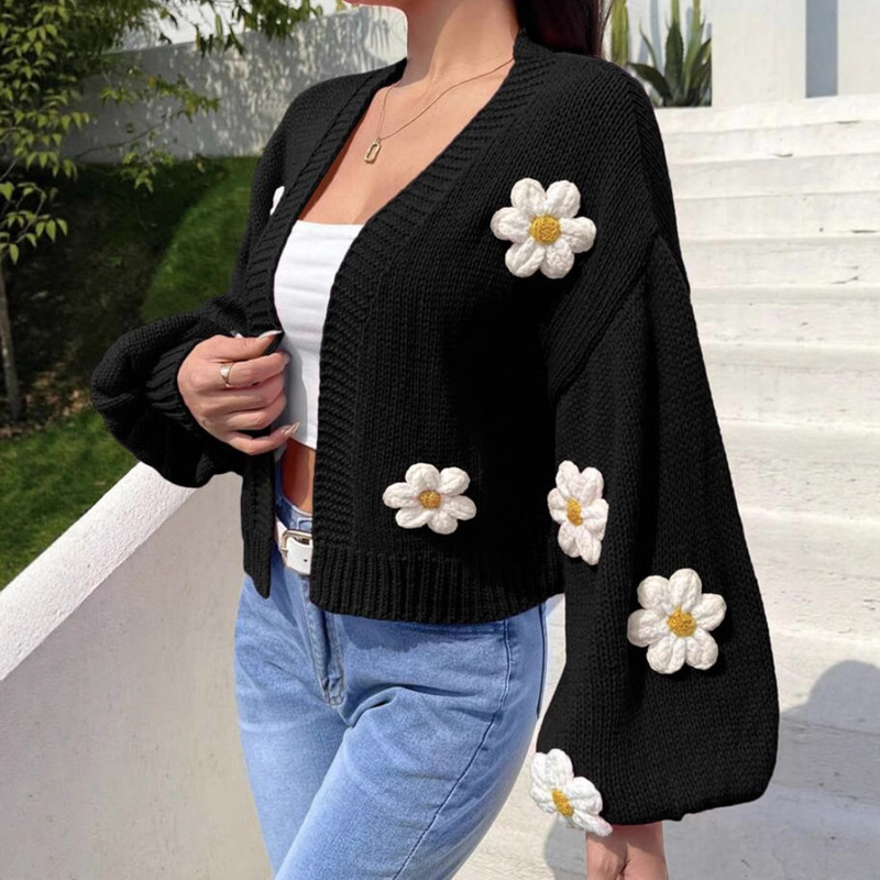 Heavy Industry Stereo Embroider Flower Lantern Sleeve Loose Knitted Sweater Cardigan Outwear Women's Autumn and Winter European and American Cross-Border Sweater Heavy Industry Stereo Embroider Flower Lantern Sleeve Loose Knitted Sweater Cardigan Outwear Women's Autumn and Winter European and American Cross-Border Sweater