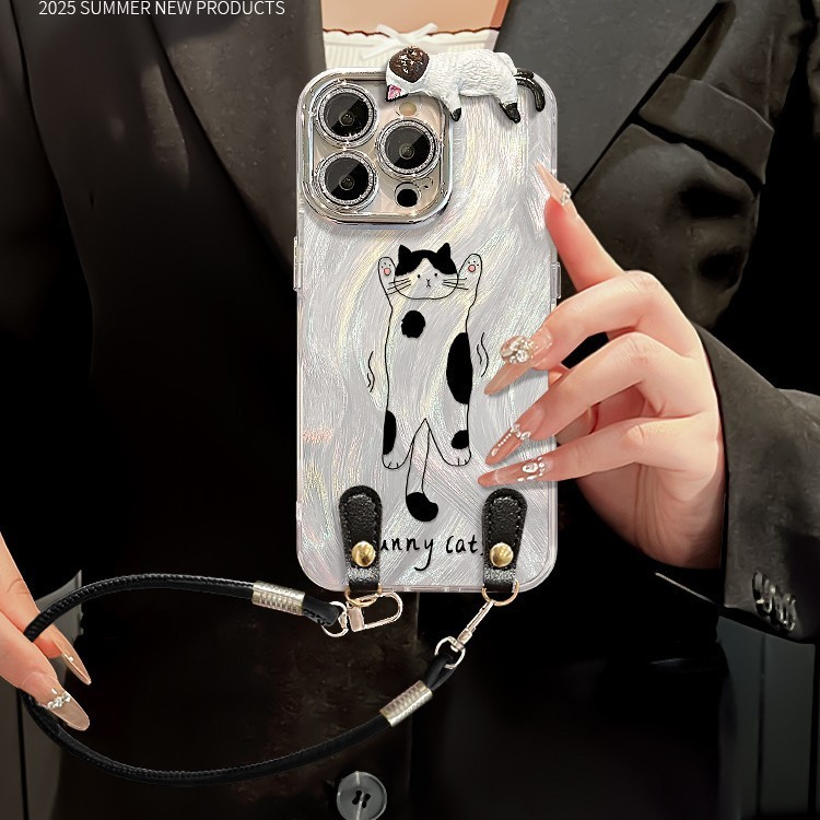 猫咪奶牛公仔适用苹果15promax手机壳iphone17羽纱16个性14带挂绳|undefined