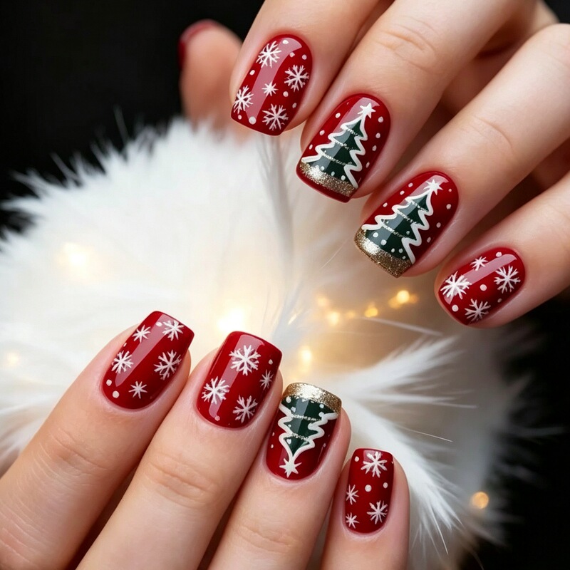 Hand-painted cedar flower design with gold foil accents, vintage burgundy Christmas nail art, white snowflake glitter, and glossy false nail tips Hand-painted cedar flower design with gold foil accents, vintage burgundy Christmas nail art, white snowflake glitter, and glossy false nail tips